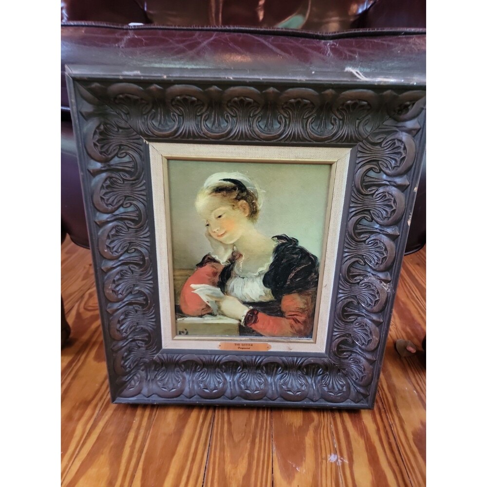 Vintage Framed "The Letter" Print Academy Arts Ornate Walnut Carved Frame 8x10